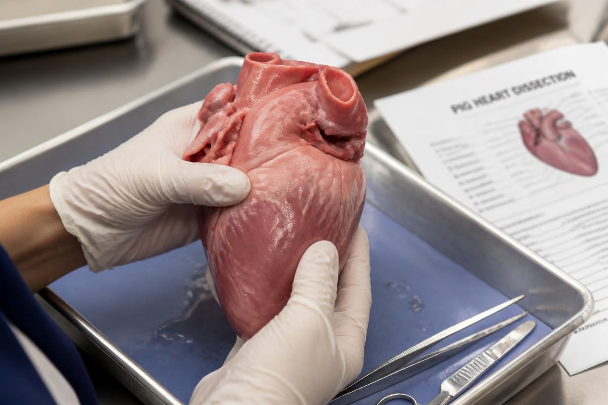 Handen in handschoenen houden een varkenshart vast tijdens het snijpracticum